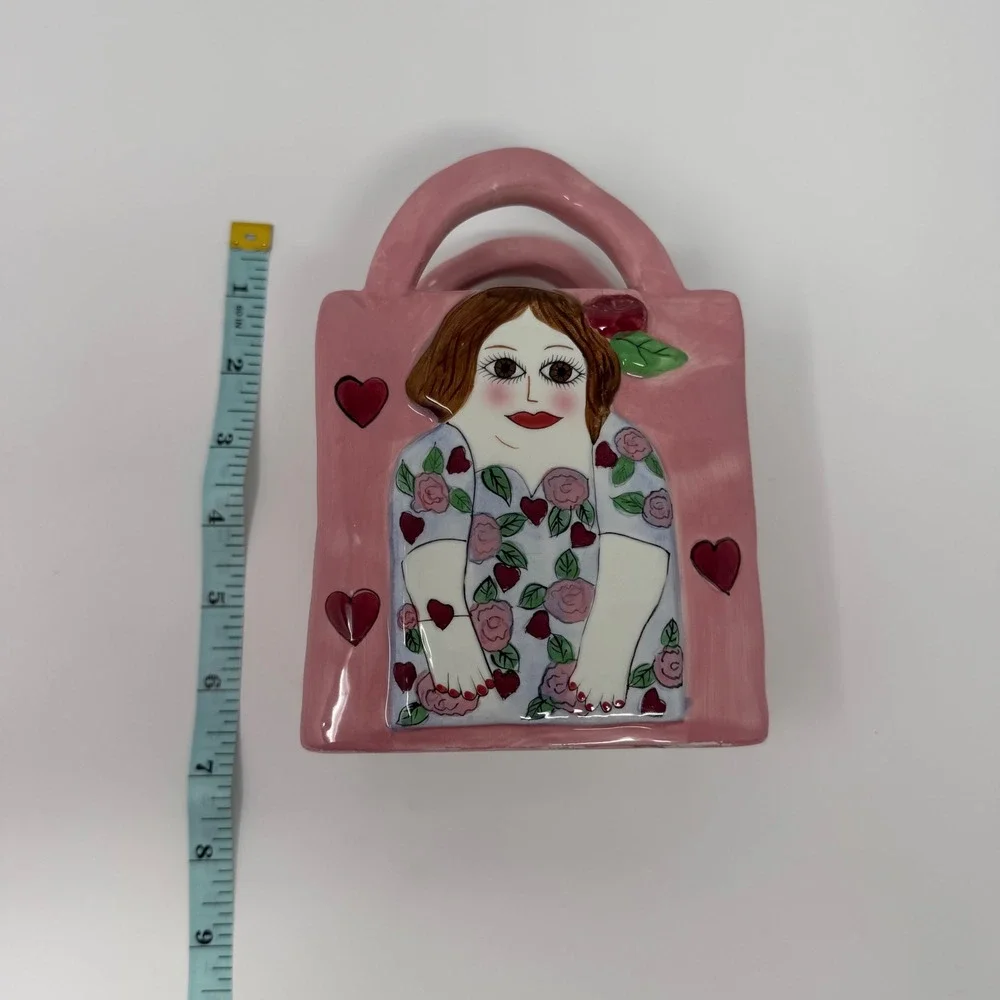 Vintage Bella Casa Pamela Purse Vase‎ Susan Paley Ganz Pink Heart Girl Plantar